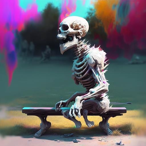 Time slipping in relaxed mode, skeleton waiting at park bench --v 4