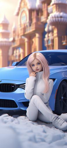 Tiny Adorable blonde girl sitting on bmw m4 f82 Pixar style, cartoon , minimal, unreal engine 5, cinematic, beautiful, city snow background, beautiful wallpaper, minimal wallpaper --ar 9:20