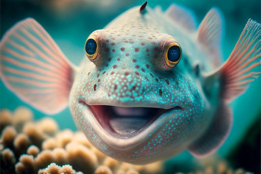 Tiny smiling trigger fish with human teeth, OLYMPUS Tough TG-6 Waterproof Camera, underwater macro photography, sandbar, coral, wide shot, film grain --v 4 --q 2 --ar 3:2