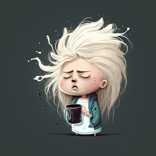 Tired but smiling young mom drinking coffee with open eyes. Wearing a white bathrobe, messy hair blonde, baby that's crying. Funny, cute, sweet cartoon style black for kids and white high detail high quality 8k