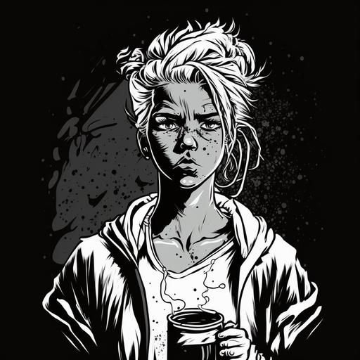 Tired female athlete drinking coffee with open eyes. Wearing a bathrobe, messy hair blonde. Funny, cute, sweet cartoon style black and white high detail high quality 8k, ar 9:16 --v 4