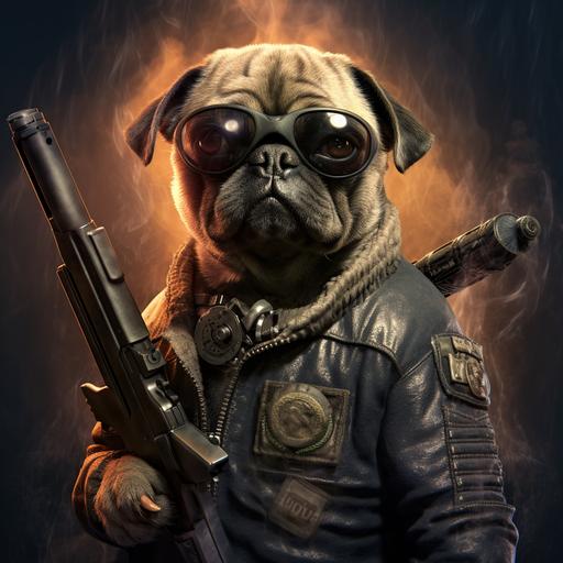 A pug-breed dog, smoking a big cigar, loading a shotgun with one hand, in the style of Terminator 2, photorealistic