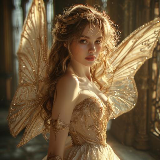 Titania, fairy goddess, gorgeous, model, writing, beautiful fairy wings, elegant dress, golden brown wavy hair, aspect ratio 37:2 --v 6.0 --s 750