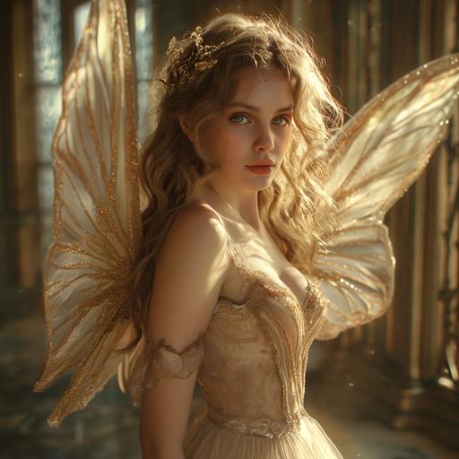 Titania, fairy goddess, gorgeous, model, writing, beautiful fairy wings, elegant dress, golden brown wavy hair, aspect ratio 37:2 --v 6.0 --s 750
