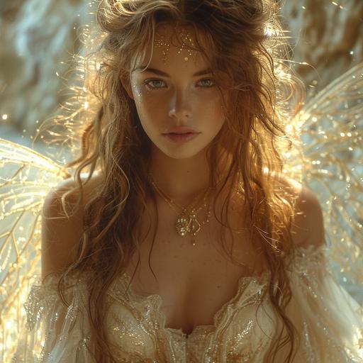 Titania, fairy goddess, gorgeous, model, writing, elegant dress, oft and peaceful spiritual face connecting with the magic of the universe, golden brown hair, iconic gold and white ethereal and magical background, aspect ratio 37:2 --v 6.0 --s 750
