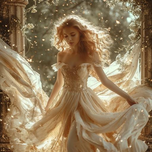 Titania, fairy goddess, gorgeous, model, writing, elegant dress, iconic gold and white ethereal and magical background, aspect ratio 37:2 --v 6.0 --s 750