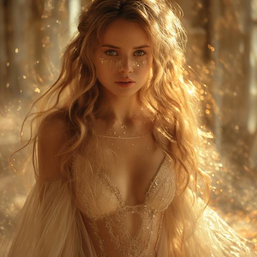 Titania, queen powerful fairy goddess, gorgeous, model, writing, elegant dress, iconic gold and white ethereal and magical background, aspect ratio 37:2 --v 6.0 --s 750