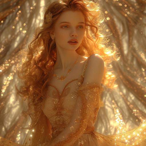 Titania, queen powerful fairy goddess, gorgeous, model, writing, golden tan skin, golden brown wavy hair, elegant dress, iconic gold and white ethereal and magical background, aspect ratio 37:2 --v 6.0 --s 750