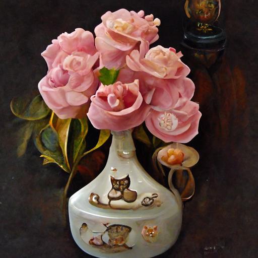 An oil painting of still life, close up pink roses, porcelain cat figurines, antique table, realistic,