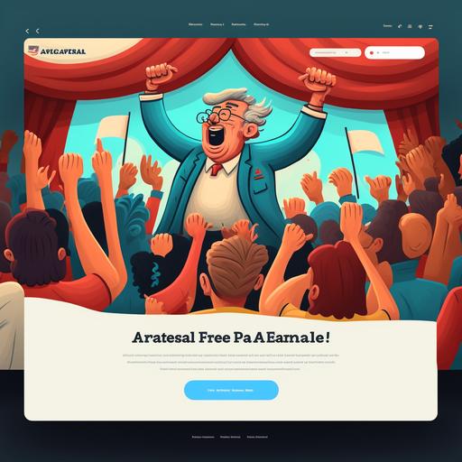 To many Americans cheering their leader, 2D cartoon art, Website landing page