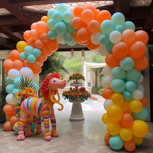 To produce a balloon, a style for event celebrations, needs to show a scene with a lot of balloons. In a swimming pool in a villa at home, more balloons are displayed, and the shapes need to be many different, such as love, seahorse, hippopotamus, happy birthday, etc. message, we are a factory selling balloons --s 750 --v 5.1