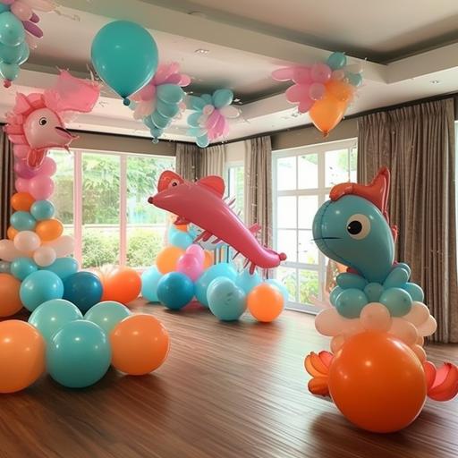 To produce a style of balloon celebration, it is necessary to show a scene with many balloons. In a swimming pool of a villa at home, more balloons are displayed, and the shapes need to be many different, such as love, seahorse, hippopotamus, happy birthday and other information. We It is a factory selling balloons, and the picture needs to be more realistic --s 750 --v 5.1