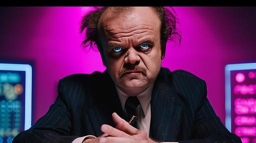 Toby Jones as Doctor Psycho, a radical TV talk show host with a purple backdrop for their TV show. Doctor Psycho is enraged , with messy black hair and a moustache, he is hosting his TV show on a Fox News channel. directed by Greta Gerwig, cinematography by Claudio Miranda, cinematic shots. Zoomed out wide shot with his hands on the presenter's desk. 8k, hyperrealistic photography, --style raw --ar 16:9 --v 6.0