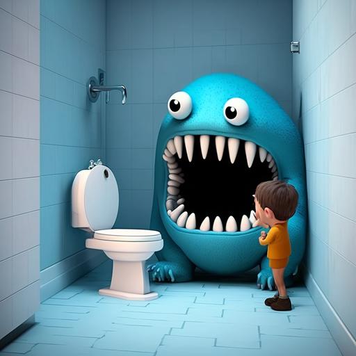 Toilet in the shape of a monster with a scared child in the corner of the bathroom, cartoon, high definition, 8k