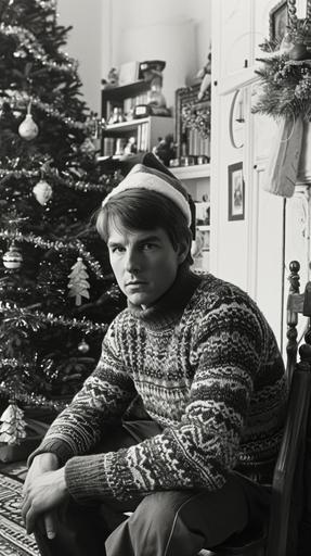 Tom Cruise, sitting on a chair by a christmas tree, looking awkward, in an ugly sweater and santa hat, christmas decorated old house, style of 60s photo. --chaos 10 --ar 9:16 --stylize 250 --weird 10 --v 6.0