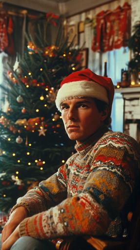 Tom Cruise, sitting on a chair by a christmas tree, looking awkward, in an ugly sweater and santa hat, christmas decorated old house, style of 60s photo. --chaos 10 --ar 9:16 --stylize 250 --weird 10 --v 6.0