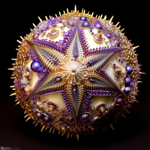 fabergé disco ball made of the perfect fusion of a fractal crown-of-thorns starfish and a bio-luminescent mother-of-pearl aquatic snail, inextricably intertwined psychedelic fractal lavender interlaced with filigree mandelbrot pearls in metamorph paper ornaments ! lavender and metallic gold colors ! photo-negative effect, japanese style Origami paper folds papercraft, 8K resolution 64 megapixels soft focus --v 5.1 --c 100 --s 1000