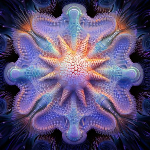 photo of an iridescent fungoid fractal cephalopod and bio-luminescent mother-of-pearl fractal aquatic ayuhuasca froggy, crown-of-thorns starfish, pearl shell dmt chimaera inextricably intertwined in psychedelic fractal lavender interlaced with filigree mandelbrot fabergé looking pearl eyes everywhere, in metamorph acrylic ornaments ! lavender and metallic gold colors ! photo-negative effect, japanese style Origami paper folds papercraft, 8K resolution 64 megapixels soft focus --v 5.1 --c 100 --s 1000