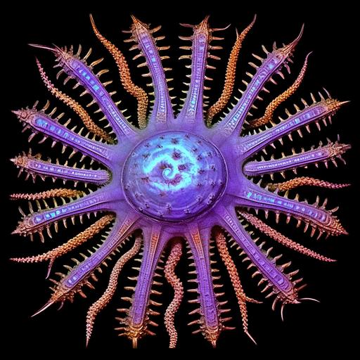 photo of an iridescent fungoid fractal cephalopod and bio-luminescent mother-of-pearl fractal aquatic ayuhuasca froggy, crown-of-thorns starfish, pearl shell dmt chimaera inextricably intertwined in psychedelic fractal lavender interlaced with filigree mandelbrot fabergé looking pearl eyes everywhere, in metamorph acrylic ornaments ! lavender and metallic gold colors ! photo-negative effect, japanese style Origami paper folds papercraft, 8K resolution 64 megapixels soft focus --v 5.1 --c 100 --s 1000