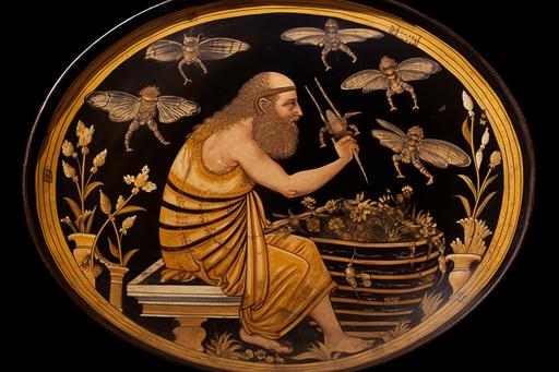 In the black-figure ancient style, capture a captivating image of the Greek God Zeus transformed into a beekeeper. Depict Zeus wearing a traditional Greek robe, holding a hive tool in one hand and a smoking bee smoker in the other. Surround him with ancient bees buzzing around, and emphasize the intricate details of their wings and bodies. The bees are diligently producing honey, symbolizing their important role in nature. Create a scene that evokes the mystique of ancient Greece, with a backdrop of lush vegetation and golden sunlight filtering through the trees. Use a medium format film camera, such as a Hasselblad 500CM, to capture the essence of this classical setting. Opt for a prime lens, like the Zeiss Planar 80mm f/2.8, to ensure sharpness and clarity. Choose a narrow aperture, around f/8, to maintain depth of field and showcase the intricate details of Zeus and the bees. Enhance the overall mood with warm, golden lighting reminiscent of a serene summer afternoon, --ar 3:2