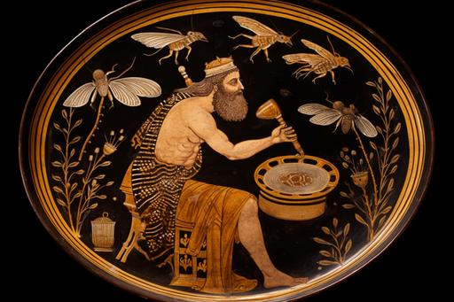 In the black-figure ancient style, capture a captivating image of the Greek God Zeus transformed into a beekeeper. Depict Zeus wearing a traditional Greek robe, holding a hive tool in one hand and a smoking bee smoker in the other. Surround him with ancient bees buzzing around, and emphasize the intricate details of their wings and bodies. The bees are diligently producing honey, symbolizing their important role in nature. Create a scene that evokes the mystique of ancient Greece, with a backdrop of lush vegetation and golden sunlight filtering through the trees. Use a medium format film camera, such as a Hasselblad 500CM, to capture the essence of this classical setting. Opt for a prime lens, like the Zeiss Planar 80mm f/2.8, to ensure sharpness and clarity. Choose a narrow aperture, around f/8, to maintain depth of field and showcase the intricate details of Zeus and the bees. Enhance the overall mood with warm, golden lighting reminiscent of a serene summer afternoon, --ar 3:2