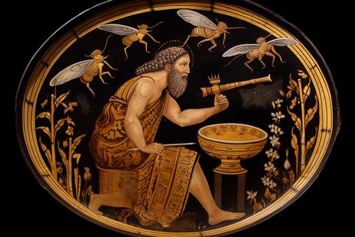 In the black-figure ancient style, capture a captivating image of the Greek God Zeus transformed into a beekeeper. Depict Zeus wearing a traditional Greek robe, holding a hive tool in one hand and a smoking bee smoker in the other. Surround him with ancient bees buzzing around, and emphasize the intricate details of their wings and bodies. The bees are diligently producing honey, symbolizing their important role in nature. Create a scene that evokes the mystique of ancient Greece, with a backdrop of lush vegetation and golden sunlight filtering through the trees. Use a medium format film camera, such as a Hasselblad 500CM, to capture the essence of this classical setting. Opt for a prime lens, like the Zeiss Planar 80mm f/2.8, to ensure sharpness and clarity. Choose a narrow aperture, around f/8, to maintain depth of field and showcase the intricate details of Zeus and the bees. Enhance the overall mood with warm, golden lighting reminiscent of a serene summer afternoon, --ar 3:2