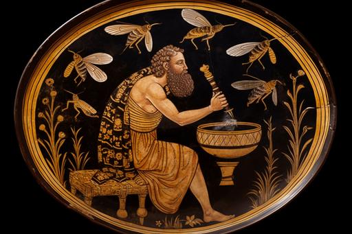 In the black-figure ancient style, capture a captivating image of the Greek God Zeus transformed into a beekeeper. Depict Zeus wearing a traditional Greek robe, holding a hive tool in one hand and a smoking bee smoker in the other. Surround him with ancient bees buzzing around, and emphasize the intricate details of their wings and bodies. The bees are diligently producing honey, symbolizing their important role in nature. Create a scene that evokes the mystique of ancient Greece, with a backdrop of lush vegetation and golden sunlight filtering through the trees. Use a medium format film camera, such as a Hasselblad 500CM, to capture the essence of this classical setting. Opt for a prime lens, like the Zeiss Planar 80mm f/2.8, to ensure sharpness and clarity. Choose a narrow aperture, around f/8, to maintain depth of field and showcase the intricate details of Zeus and the bees. Enhance the overall mood with warm, golden lighting reminiscent of a serene summer afternoon, --ar 3:2