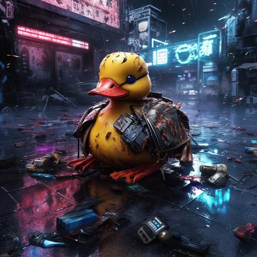 dead trendy rubber duck in a cyberpunk fight --style raw --s 250