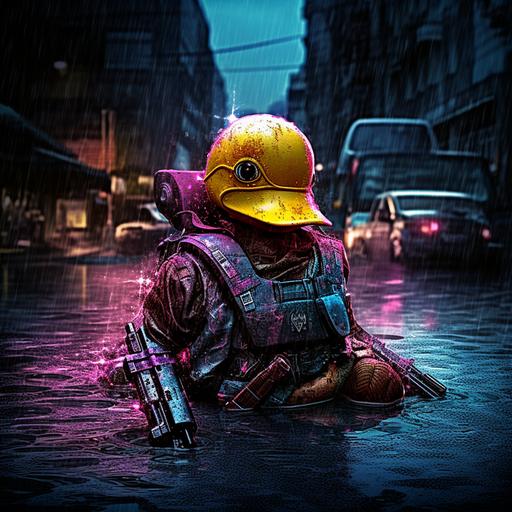 dead trendy rubber duck in a cyberpunk fight --style raw --s 250