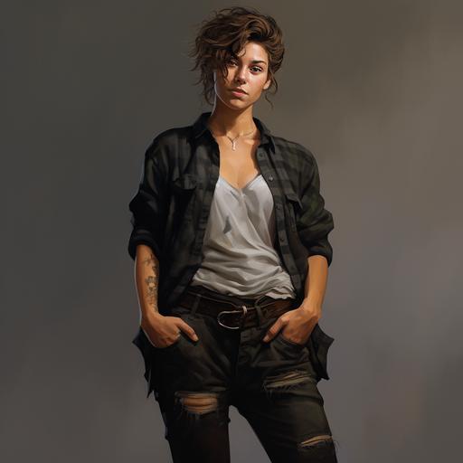 Tomboy, masculine Female, Freckles on face, Tan skin, short brown curly hair, intimidating, cold, staring into your soul, serious, Skinny, Black shirt, Red and black Flannel, Black cargo pants, black combat boots, Realistic, super realistic, Hyper detailed, Dynamic pose, full body portrait.