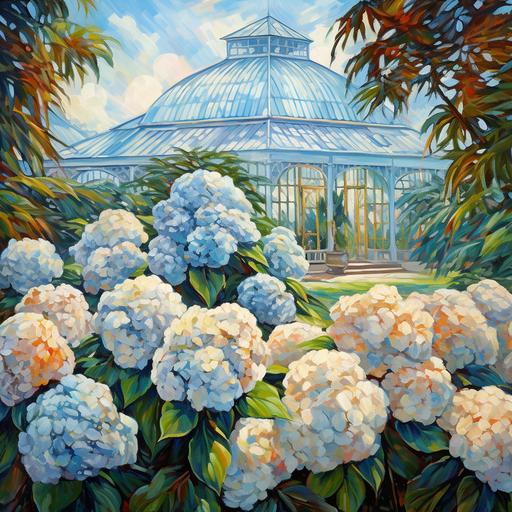 a beautiful palmhouse with a lot of blossoming hydrangea flowers, impressionist painting, in van Gogh style