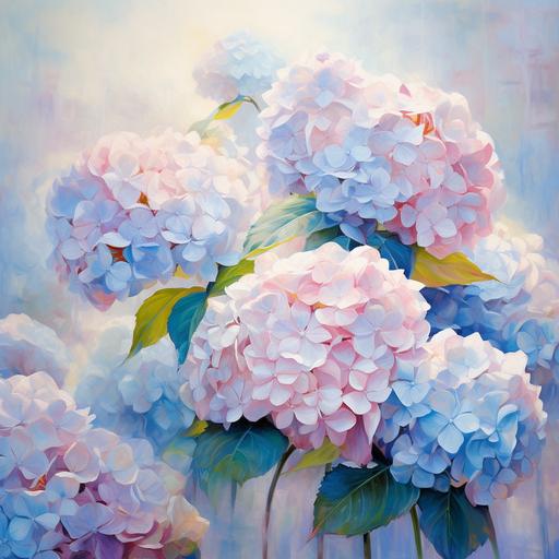 a lot of blossoming hydrangea flowers, impressionist painting, very light pastell colours