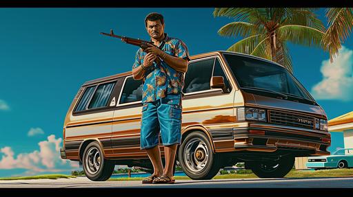 Tommy Vercetti from GTA Vice City posing next to a bronze 1984 model Toyota Tarago van, holding an M16 machine gun, the year 1986, 35 years old, full body shot, blue jeans, blue Hawaiian short-sleeved shirt, the void, Drew Struzan art style --v 6.0 --ar 16:9