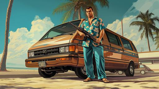 Tommy Vercetti from GTA Vice City posing next to a bronze 1984 model Toyota Tarago van, holding an M16 machine gun, the year 1986, 35 years old, full body shot, blue jeans, blue Hawaiian short-sleeved shirt, the void, watercolor painting --v 6.0 --ar 16:9