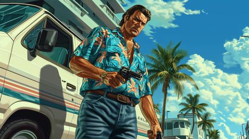 Tommy Vercetti from GTA Vice City standing next to a white Toyota HiAce van, holding a Colt Peacemaker revolver pistol, the year 1986, 35 years old, full body shot, blue jeans, blue Hawaiian short-sleeved shirt, the void, Drew Struzan art style --v 6.0 --ar 16:9