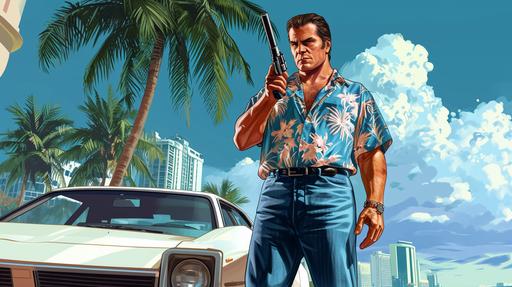 Tommy Vercetti from GTA Vice City standing next to a white Toyota HiAce, holding a Colt Peacemaker revolver pistol, the year 1986, 35 years old, full body shot, blue jeans, blue Hawaiian short-sleeved shirt, the void, Drew Struzan art style --v 6.0 --ar 16:9