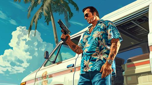 Tommy Vercetti from GTA Vice City standing next to a white Toyota HiAce van, holding a Colt Peacemaker revolver pistol, the year 1986, 35 years old, full body shot, blue jeans, blue Hawaiian short-sleeved shirt, the void, Drew Struzan art style --v 6.0 --ar 16:9