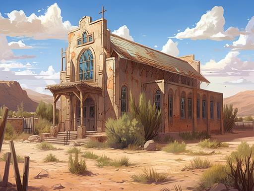 concept art, illustration, small a high school with gothic and false front architectural influences, medieval European and Wild West influences, desert setting, cottonwood trees and sage bushes, highly detailed --ar 4:3 --q 2 --s 1000