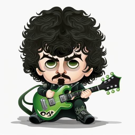 Tony Iommi of black sabbath as a baby/ toddler. sat on the floor holding a green and black electric guitar. white background. cartoon style.