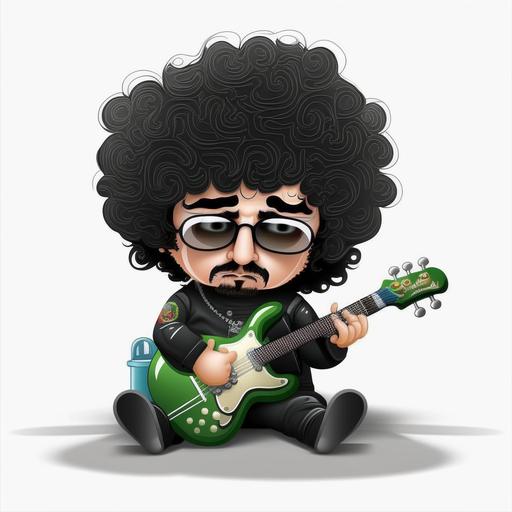 Tony Iommi of black sabbath as a baby/ toddler. sat on the floor holding a green and black electric guitar. white background. cartoon style.