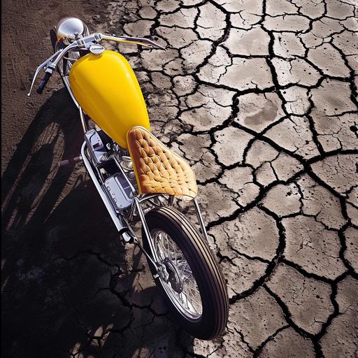 Top view, Custom hotrod low profile, yellow white 1955 motorcycle, dry lakebed, dusk, studio light, Hasselblad, --s 10 --v 6.0