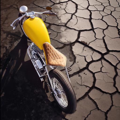 Top view, Custom hotrod low profile, yellow white 1955 motorcycle, dry lakebed, dusk, studio light, Hasselblad, --s 10 --v 6.0