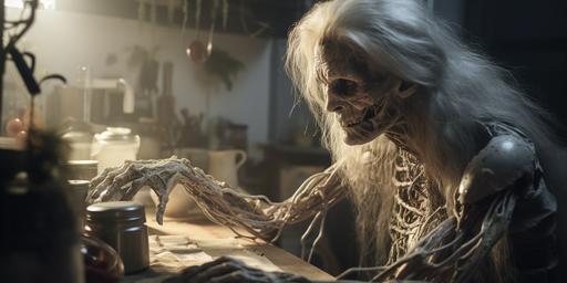 Top view of weathered metallic skeleton Poltergeist female 60 yo robot. organic background. with silver long hair. making dinner in the LAB. in the tv serie 'chernobyl' --ar 18:9