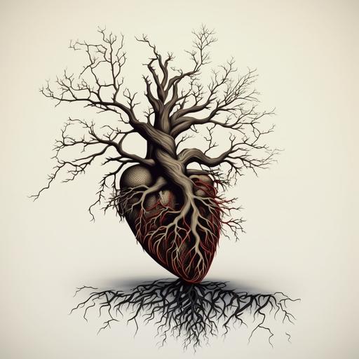 simple drawing of a tree and roots growing out of a human heart, outline , tattoo sktech