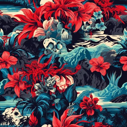 hawaiian shirt pattern of a tropical scene in hell, red, blue, black, white colors --tile --v 5.1