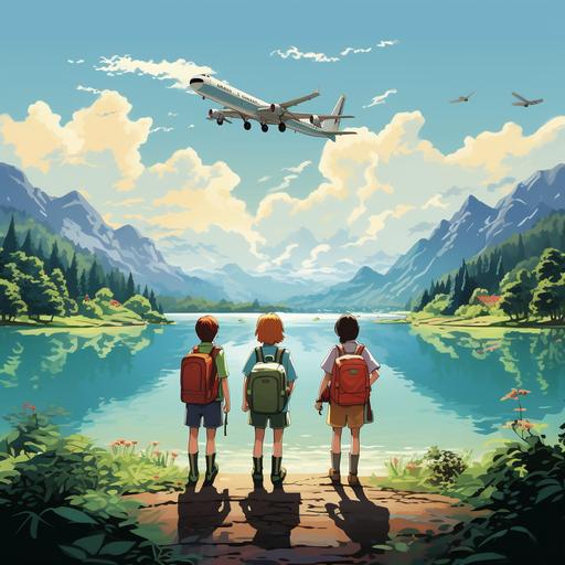 Tourism advertisement, Lake, A concise picture, The back of four friends, backpacks, Cartoon, Color blocks of a plane
