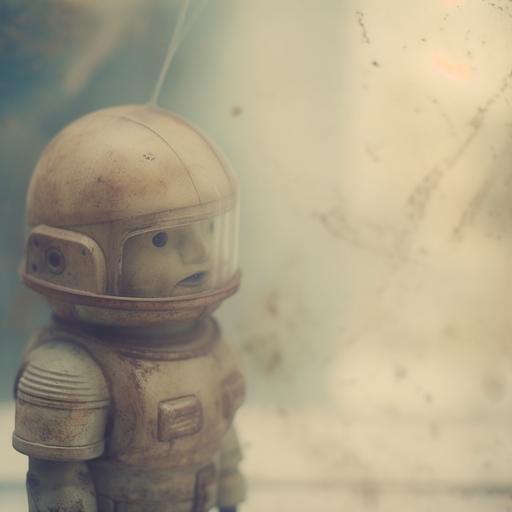 Toy astronaut, close-up, smoke, bokeh, double exposure, rustic color, cyanotype, --no people --style hJCMxbsrcmd1DPxI