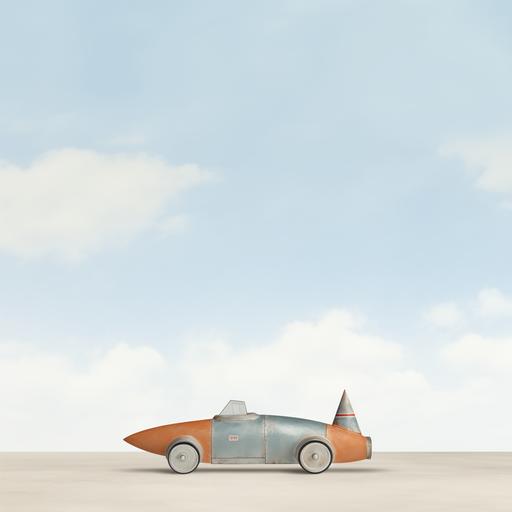 Toy atomic age blue orange racecar, close-up, salt flats, cartoon painted background clouds, blue sky, --style 4aoSKtZni543wKpH