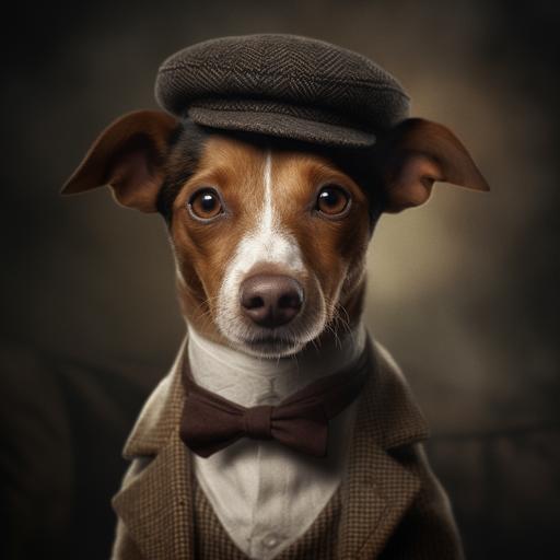 Toy fox terrier, brown head with white center stripe, as a Peaky Blinders character