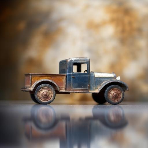 Toy silver tin farm truck, 8 inches, garage, double exposure, bokeh, orange, blue, cyanotype, --no people --style hJCMxbsrcmd1DPxI --ar 1:1
